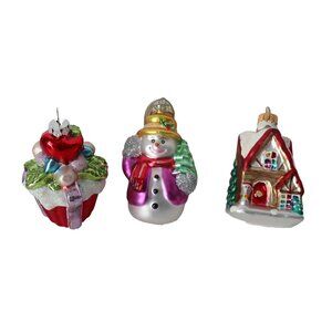 3 Christmas Ornaments Snowman Cupcake House Glass Tree Ornament